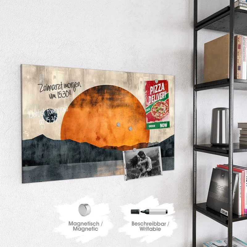 Magnettafel - Orange Sonne über Bergen