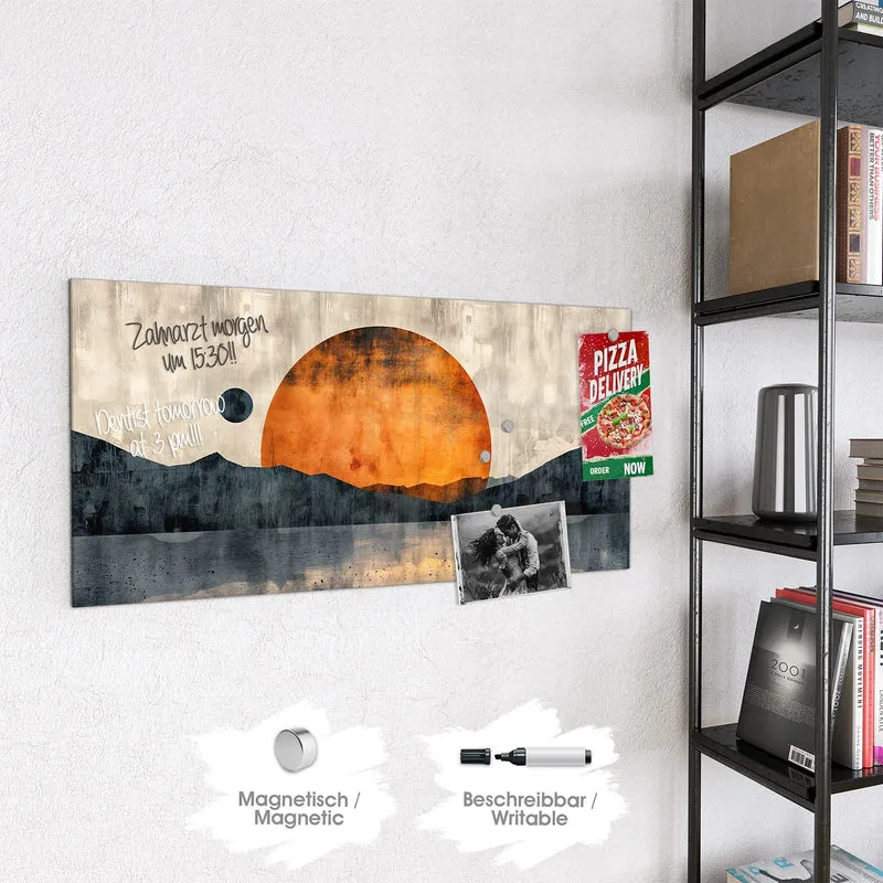 Magnettafel - Orange Sonne über Bergen
