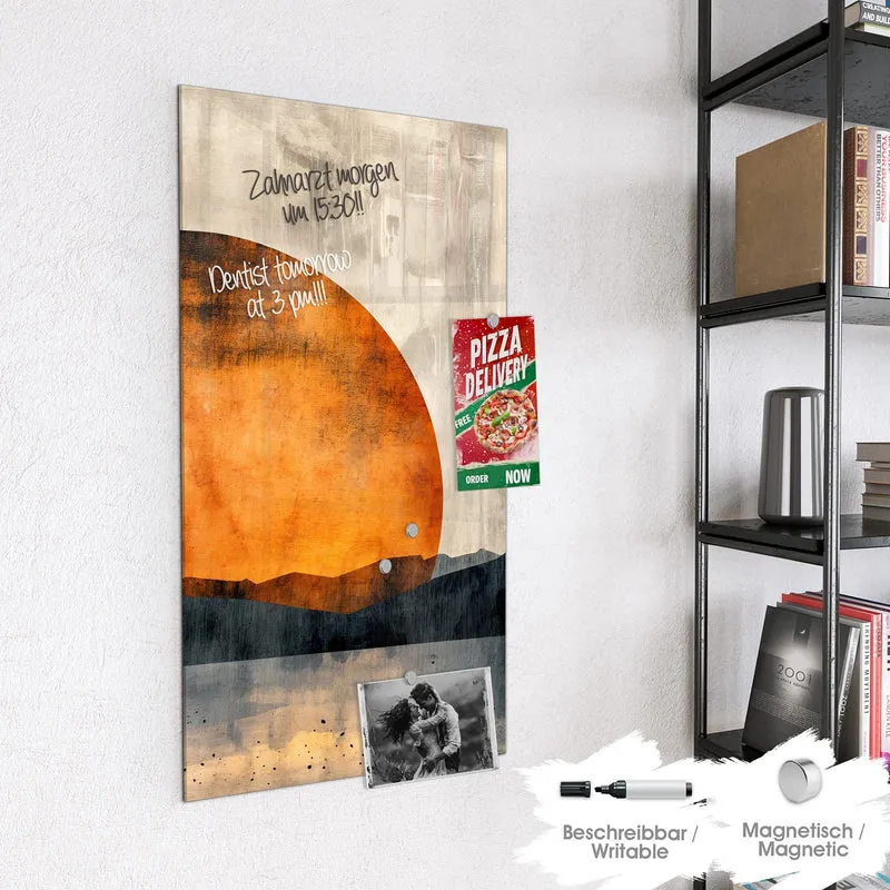 Magnettafel - Orange Sonne über Bergen