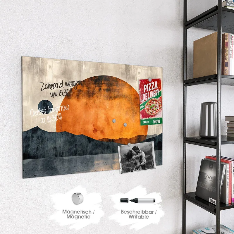Magnettafel - Orange Sonne über Bergen