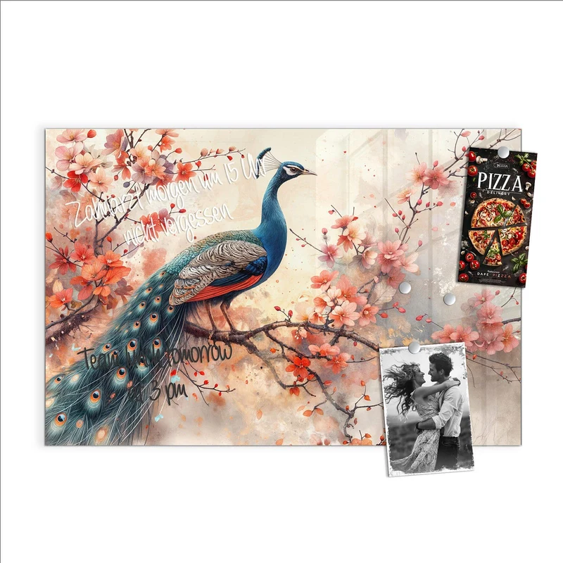 Magnettafel - Pfau auf Kirschzweig