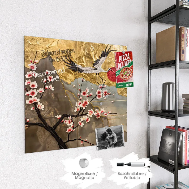 Magnettafel - Kranich über Blüten