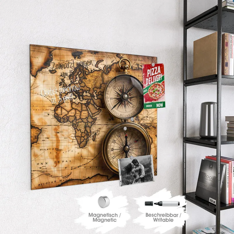 Magnettafel - Weltkarte mit Kompassen
