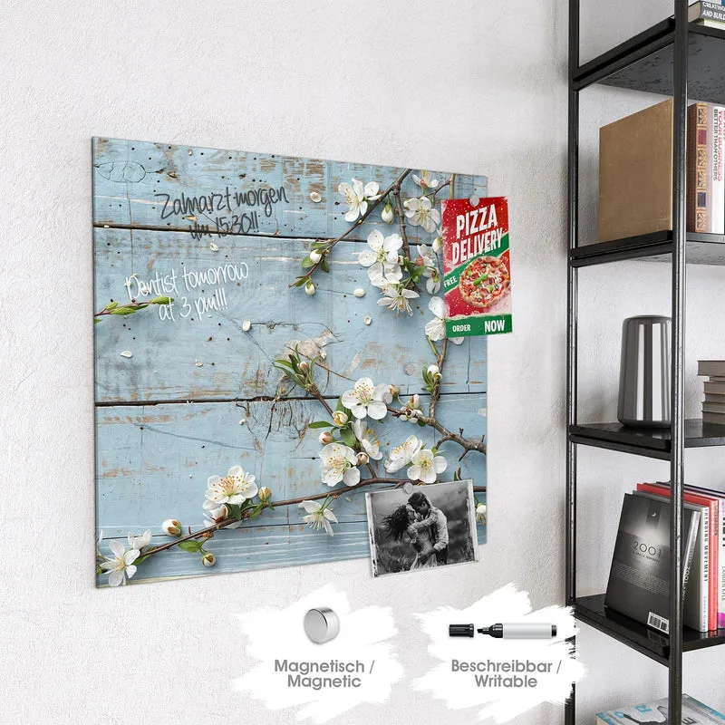 Magnettafel - Blüten auf blauem Holz