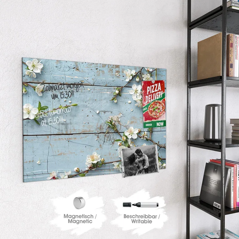 Magnettafel - Blüten auf blauem Holz