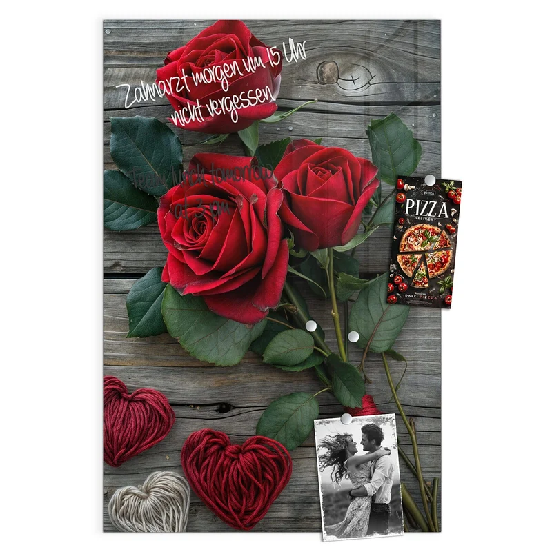 Magnettafel - Drei Rosen mit Herzen