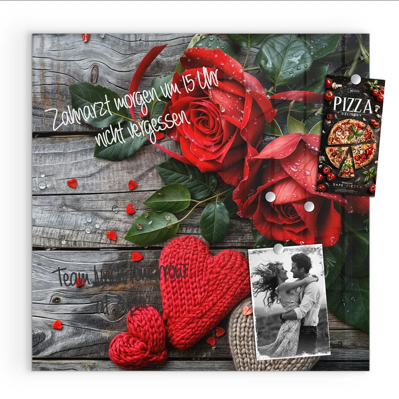 Magnettafel - Rosen mit Strickherzen
