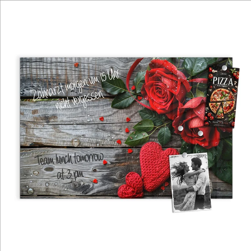 Magnettafel - Rosen mit Strickherzen