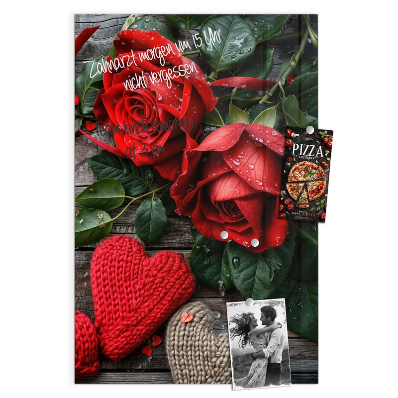Magnettafel - Rosen mit Strickherzen