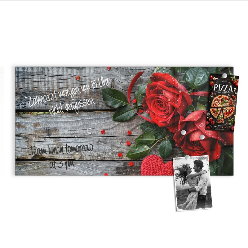Magnettafel - Rosen mit Strickherzen