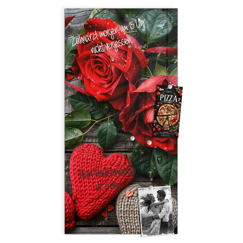 Magnettafel - Rosen mit Strickherzen