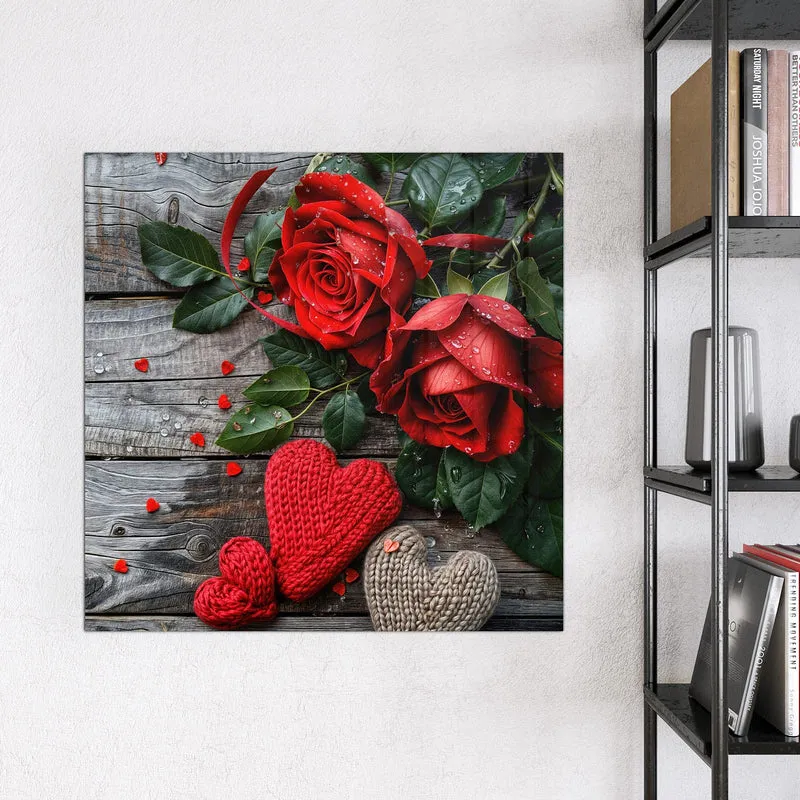 Magnettafel - Rosen mit Strickherzen