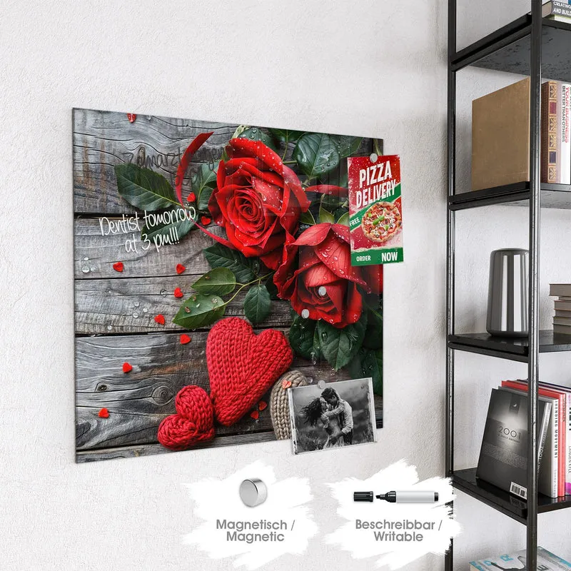 Magnettafel - Rosen mit Strickherzen