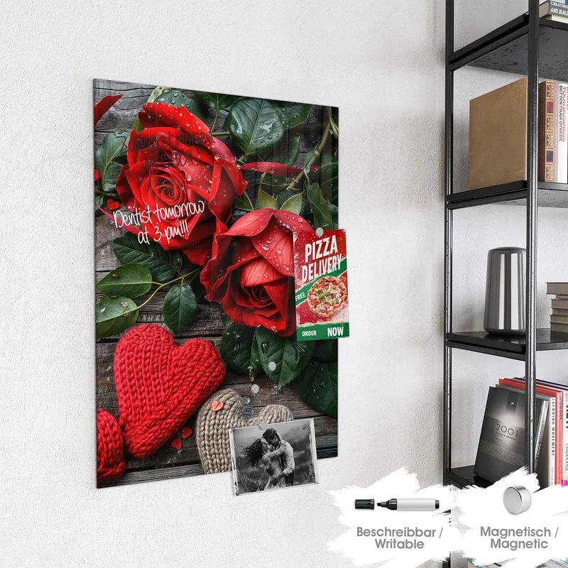 Magnettafel - Rosen mit Strickherzen