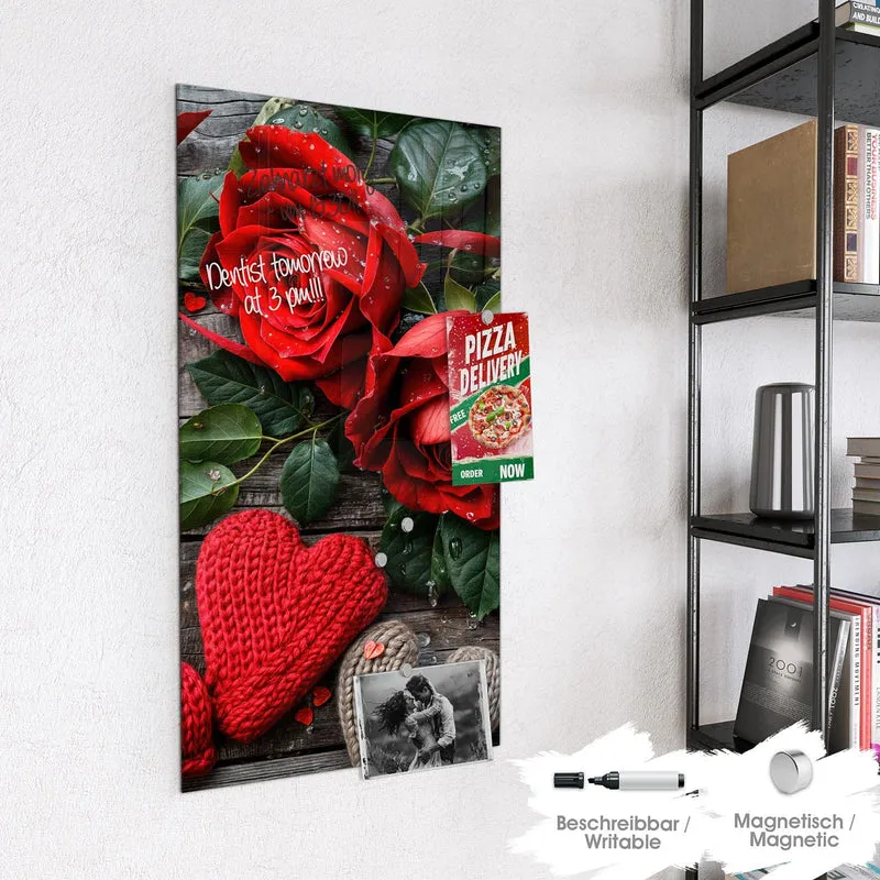 Magnettafel - Rosen mit Strickherzen