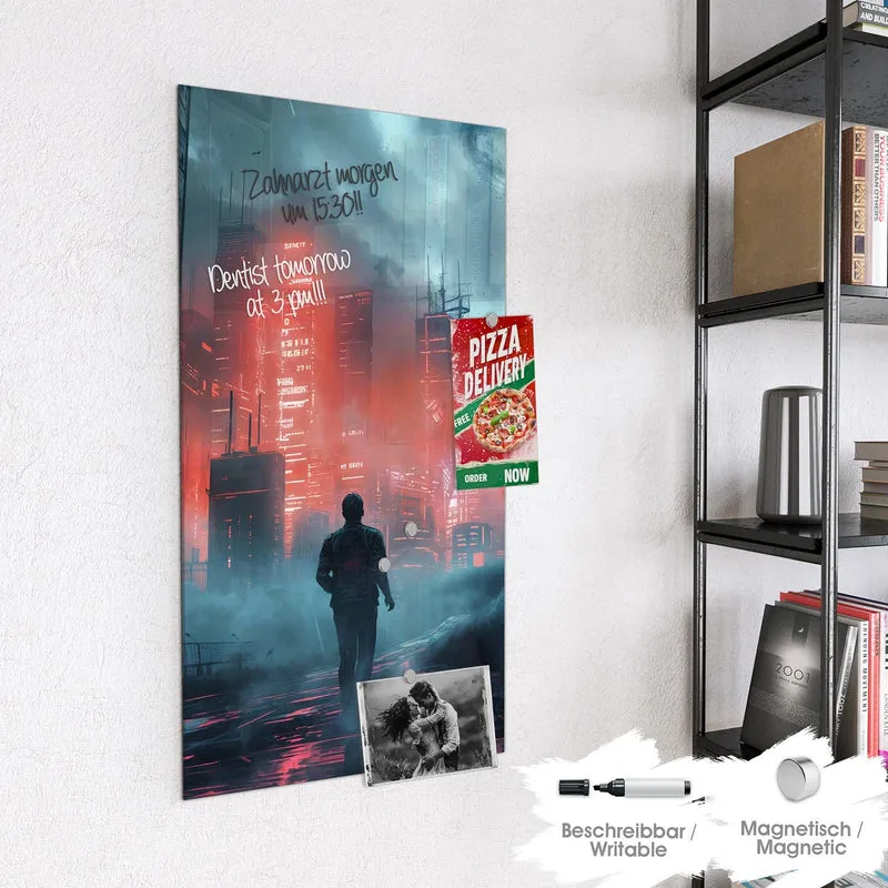 Magnettafel - Stadt im roten Neonlicht