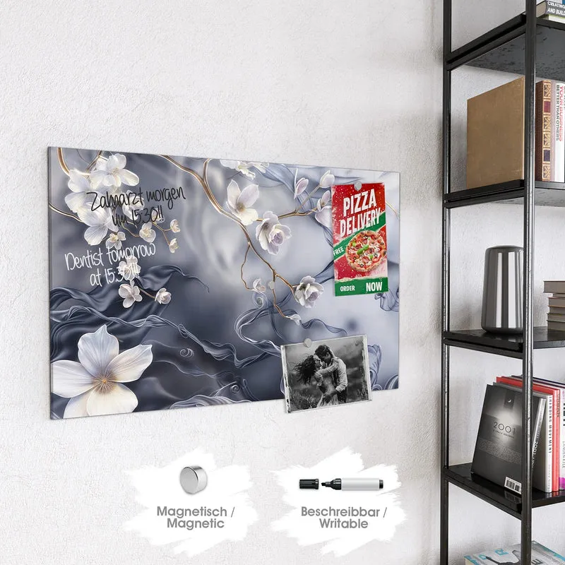 Magnettafel - Weiße Blüten auf Seide