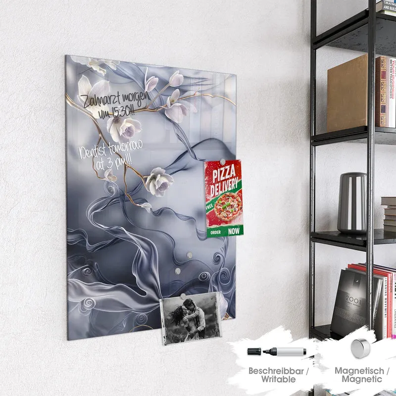 Magnettafel - Weiße Blüten auf Seide