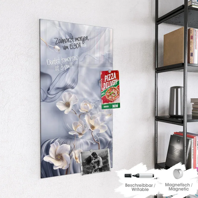 Magnettafel - Weiße Blüten auf Seide