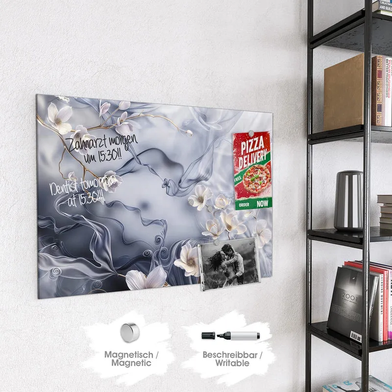 Magnettafel - Weiße Blüten auf Seide