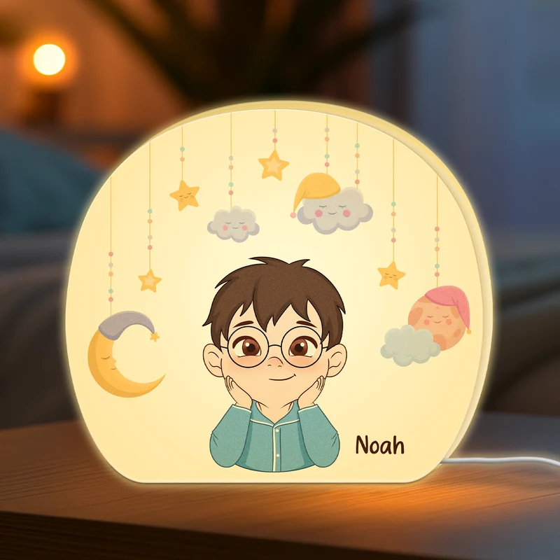 Kind Cartoon Mond Und Sterne - Personalisiertes Geschenk | Lightbox Kinder