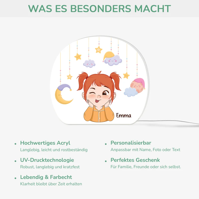 Kind Cartoon Mond Und Sterne - Personalisiertes Geschenk | Lightbox Kinder
