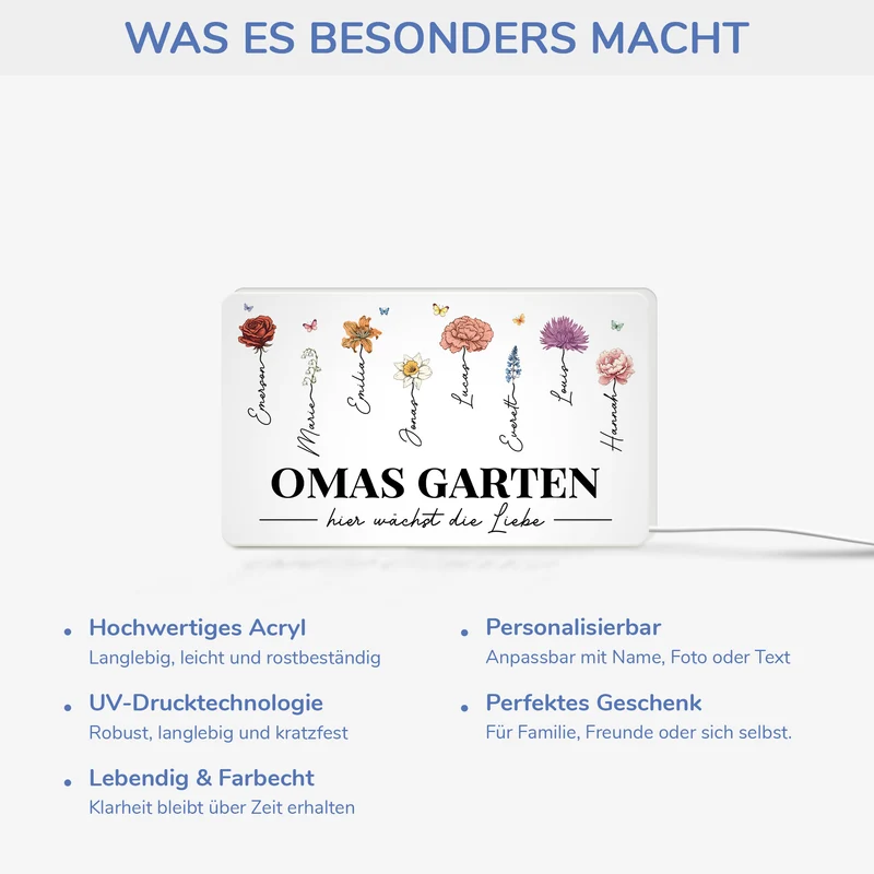 Omas Garten Blumen - Personalisiertes Geschenk | Lightbox Oma